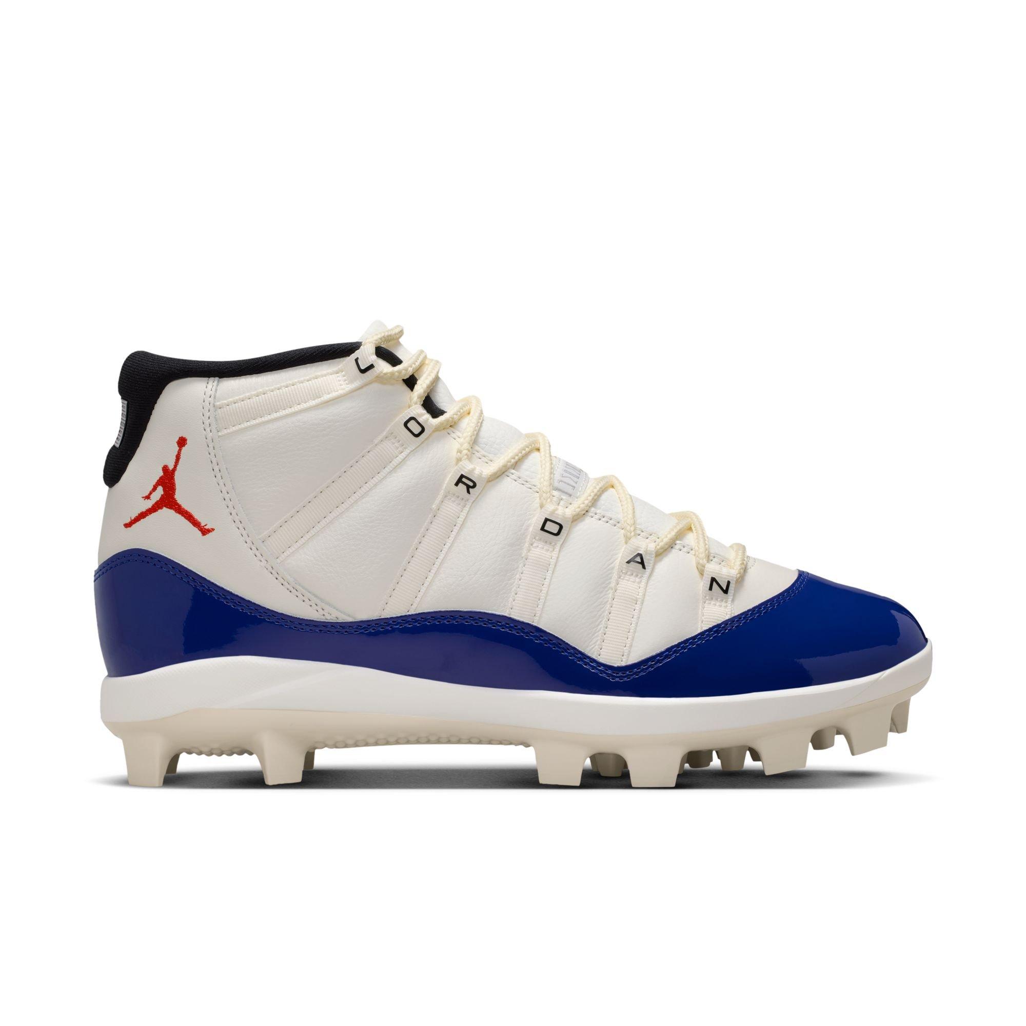 Jordan 11 Retro MCS "Sail/Fire Red/Deep Royal Blue" Men's Baseball Cleat - WHITE/ROYAL